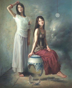 blue and white 2 Chinese girl Oil Paintings